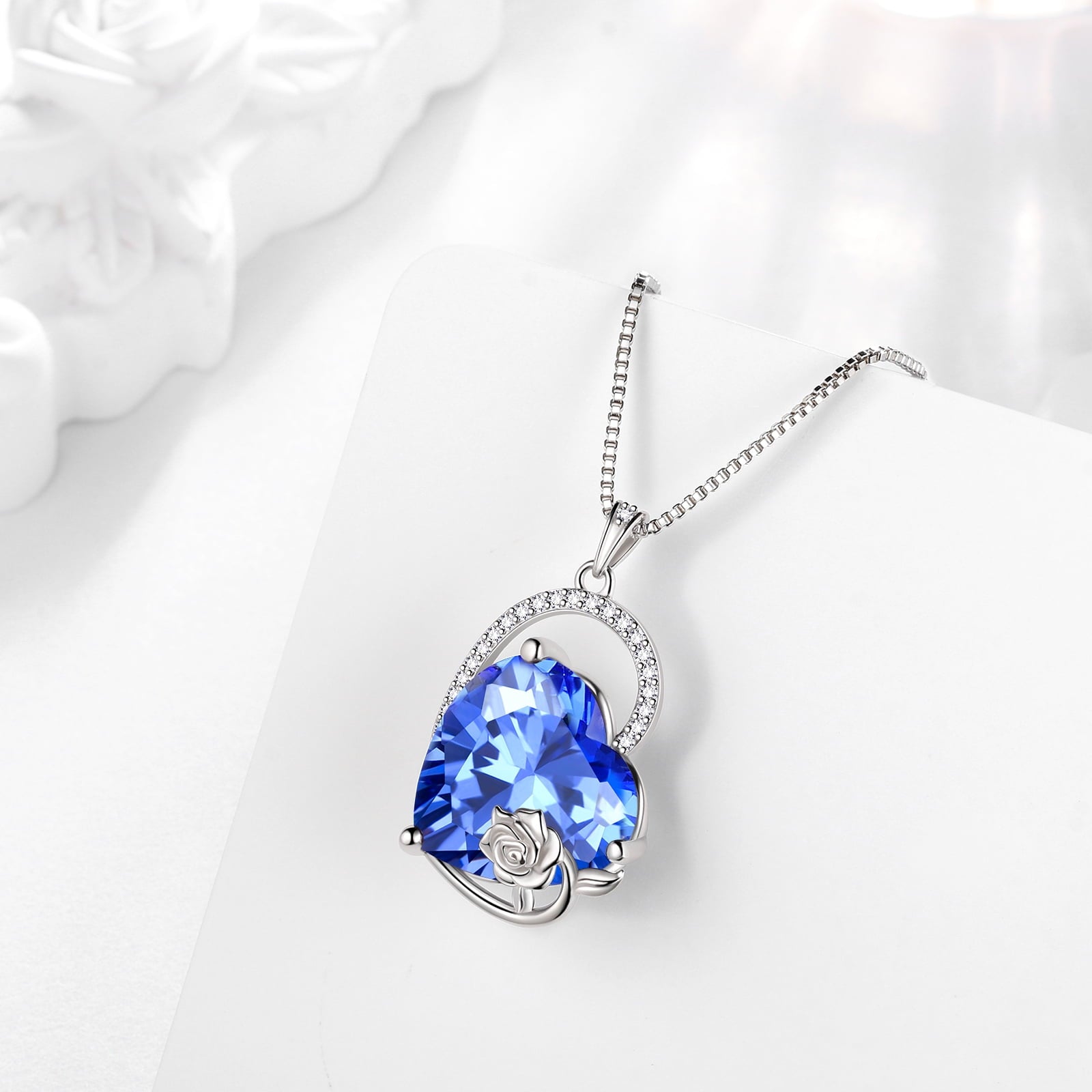 925 Sterling Silver 15MM Heart Necklace Women December Birthstone Tanzanite Blue Jewelry Rose Flower Pendant Christmas Birthday Valentines Gifts for Her - Aurora Tears
