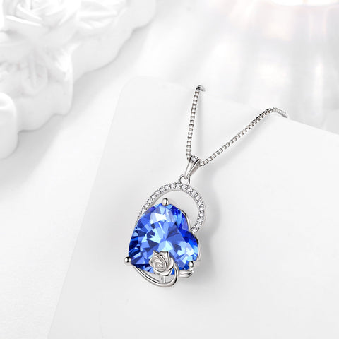 925 Sterling Silver 15MM Heart Necklace Women December Birthstone Tanzanite Blue Jewelry Rose Flower Pendant Christmas Birthday Valentines Gifts for Her - Aurora Tears
