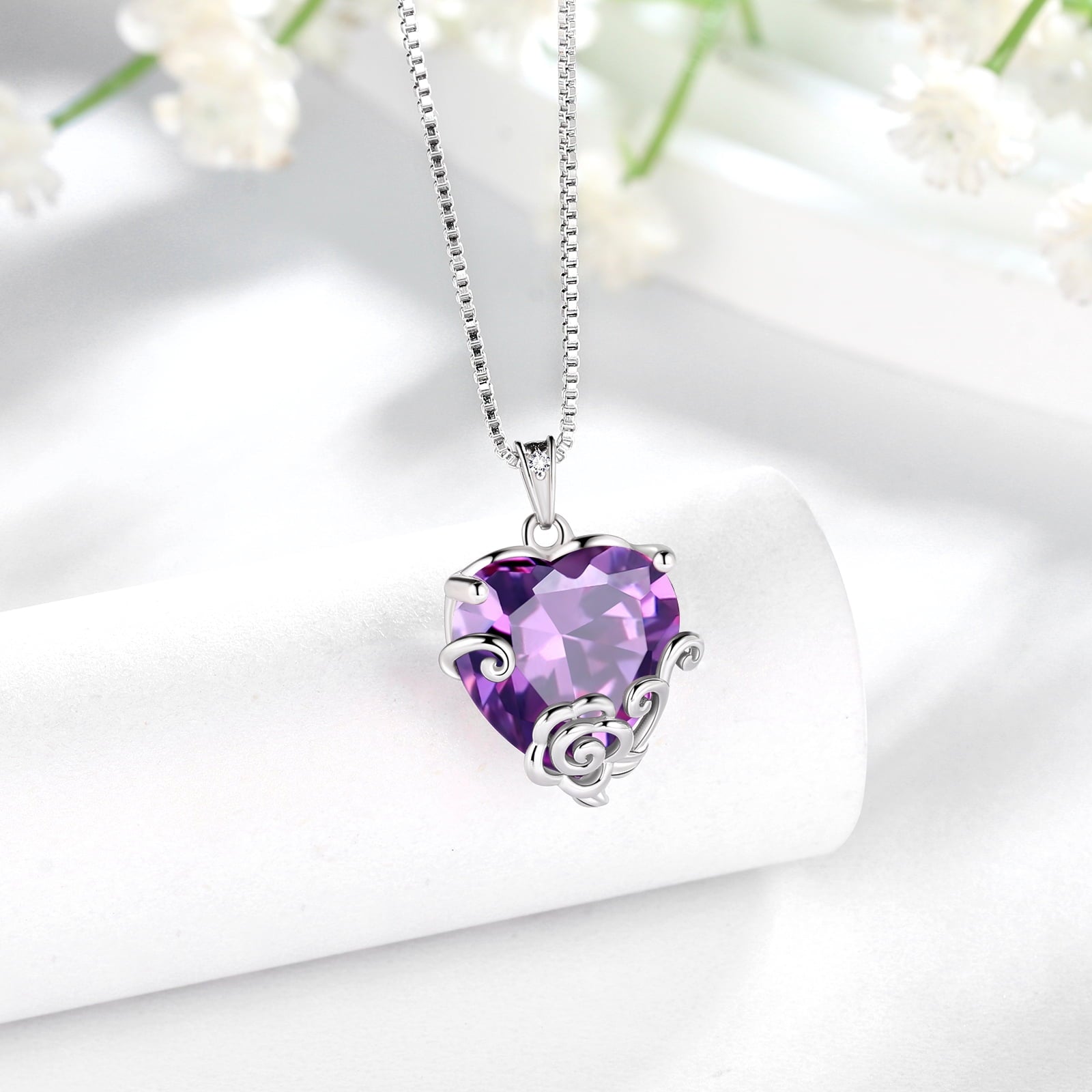 Women Heart Necklace February Birthstone Amethyst Jewelry Sterling Silver Purple CZ Flower Pendant Mother Birthday Christmas Valentine's Day Gifts - Aurora Tears