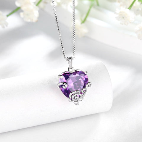 Women Heart Necklace February Birthstone Amethyst Jewelry Sterling Silver Purple CZ Flower Pendant Mother Birthday Christmas Valentine's Day Gifts - Aurora Tears