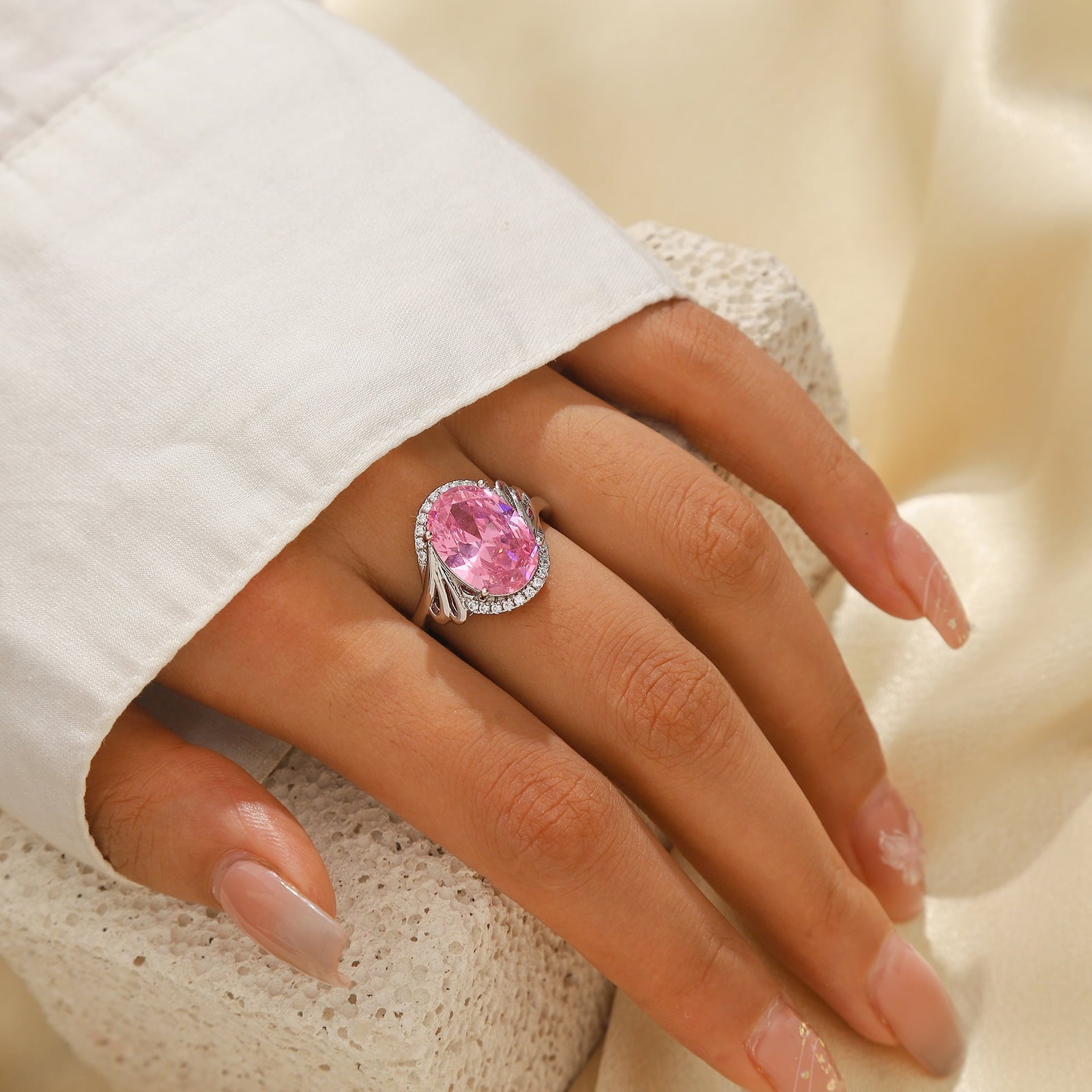 Women 8CT Oval Tourmaline Pink Ring 925 Sterling Silver Halo October Birthstone Ring Jewelry Mother Birthday Christmas Valentine's Day Gift for Her - Aurora Tears