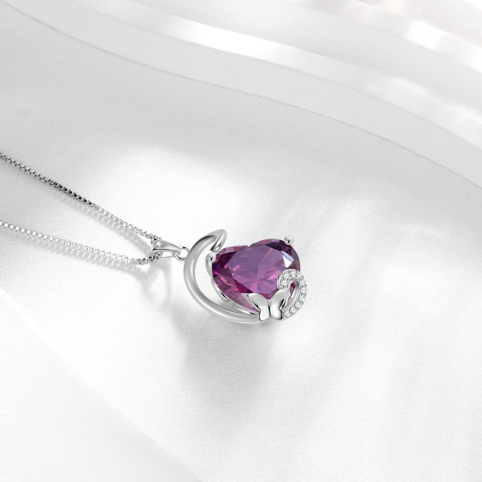 February Birthstone Heart Necklace Butterfly Pendant Purple Amethyst Jewelry 925 Sterling Silver Women Mom Birthday Valentine's Day Gift - Aurora Tears