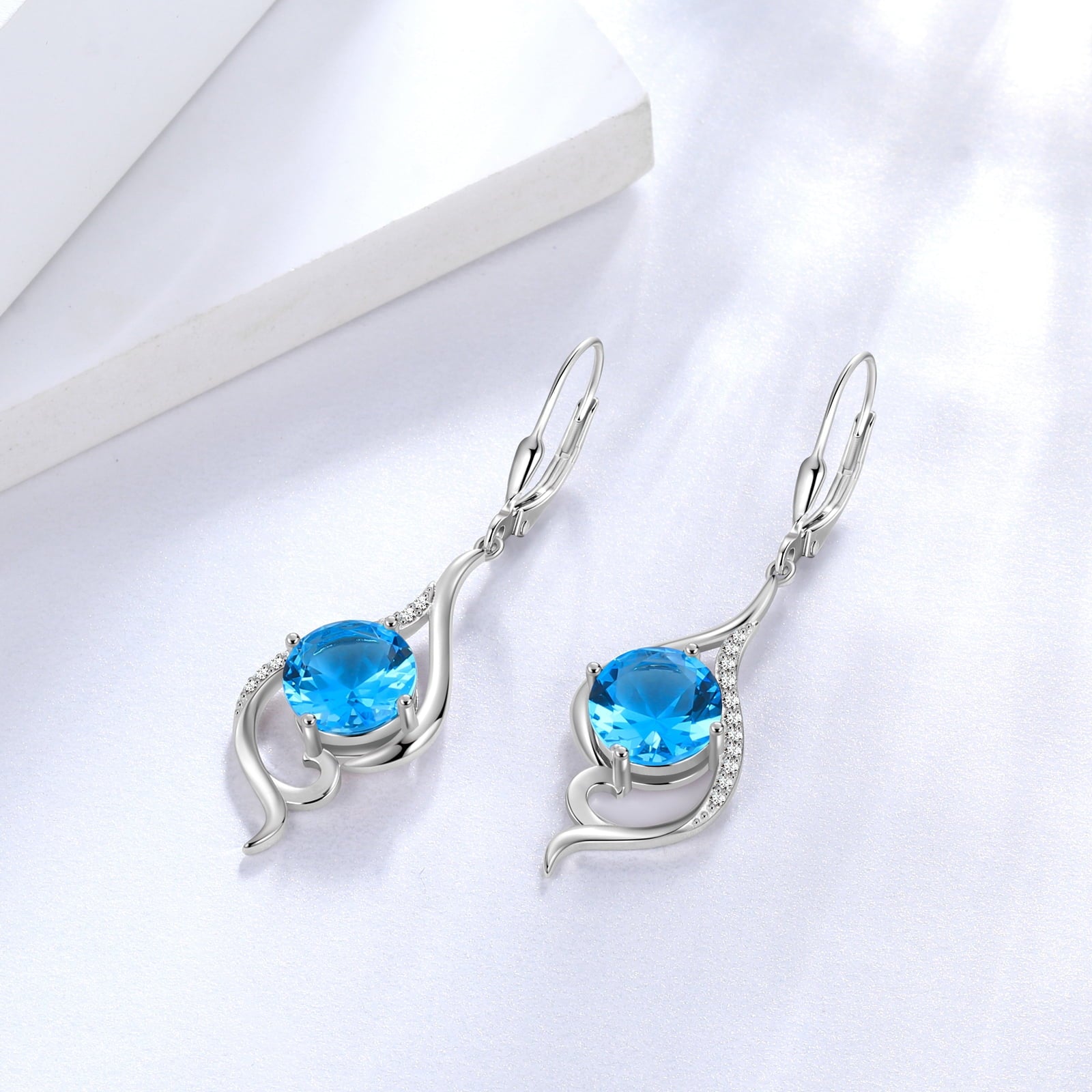 Women Dangle Earrings March Birthstone Earrings Aquamarine Blue Topaz Jewelry Tail 925 Sterling Silver Leverback Mother Wife Christmas Valentines Day Gift for Her - Aurora Tears