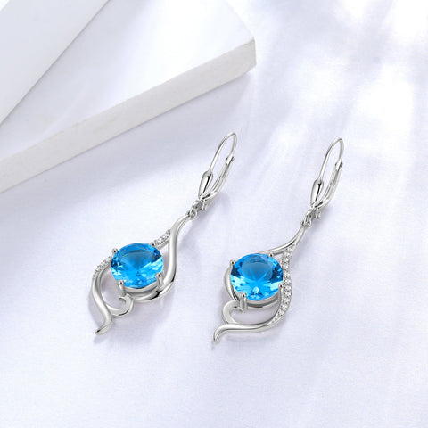 Women Dangle Earrings March Birthstone Earrings Aquamarine Blue Topaz Jewelry Tail 925 Sterling Silver Leverback Mother Wife Christmas Valentines Day Gift for Her - Aurora Tears
