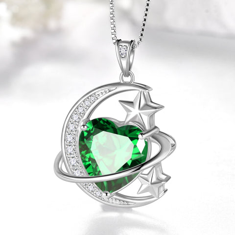 13MM Women Moon Star Necklace Heart May Birthstone 925 Sterling Silver Pendant Green Emerald Planet Celestial Jewelry Christmas Valentine Birthday Mother's Day Gift for Mom - Aurora Tears