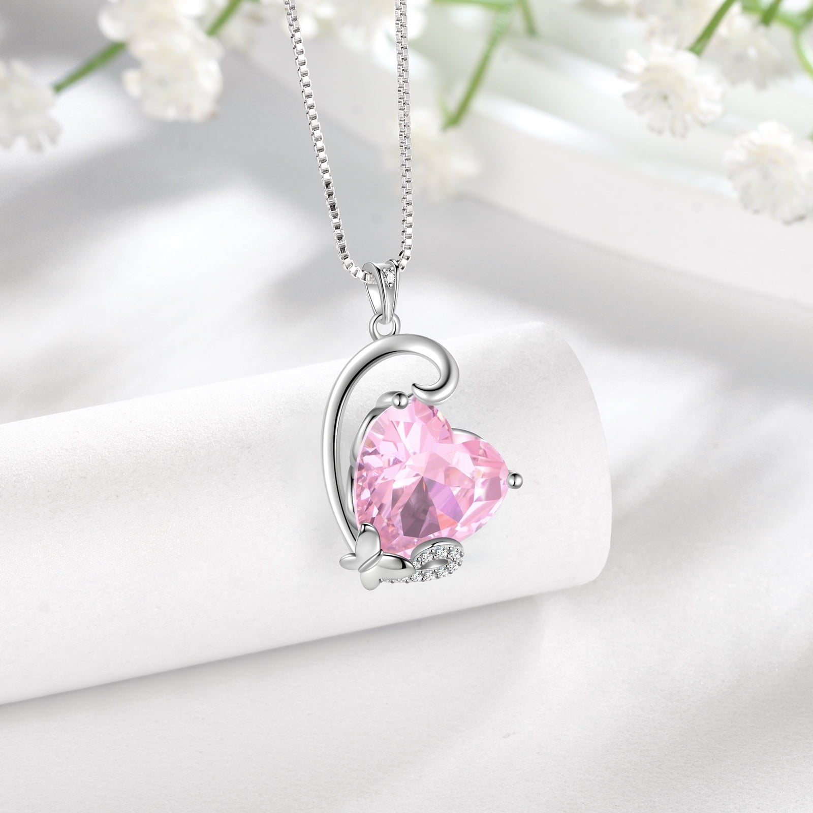 October Birthstone Heart Necklace Butterfly Pendant Pink Tourmaline Jewelry 925 Sterling Silver Mom Women Birthday Christmas Valentine's Day Gift - Aurora Tears