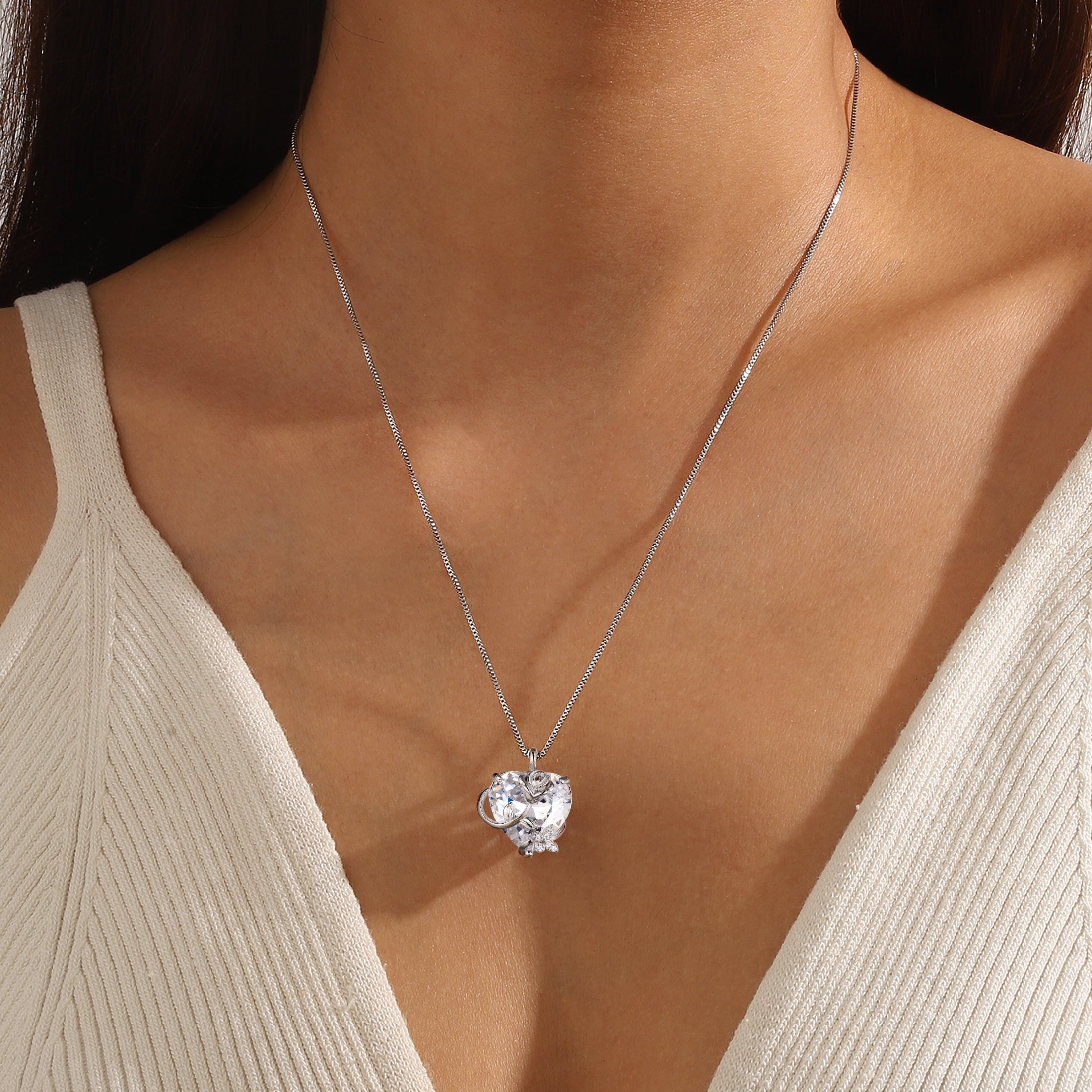 15MM Women Rose Heart Necklace April Birthstone 925 Sterling Silver Flower Butterfly Pendant Diamond CZ Bridal Jewelry Mother Valentine's Day Gift - Aurora Tears