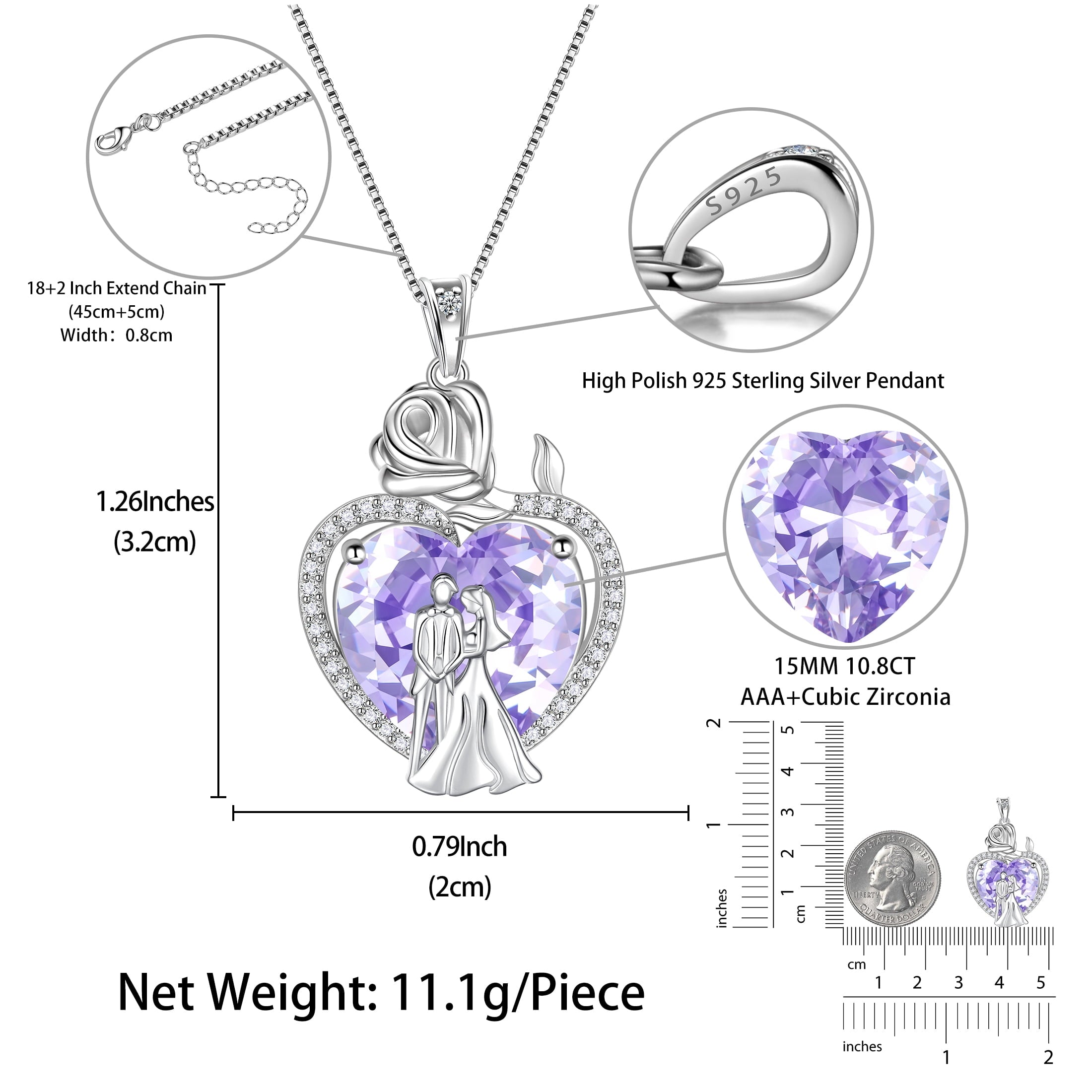 Couple Necklace for Women 925 Sterling Silver 15MM Heart June Birthstone Rose Flower Pendant Promise Engagement Bridal Jewelry Valentines Gift for Wife Girlfriend - Aurora Tears