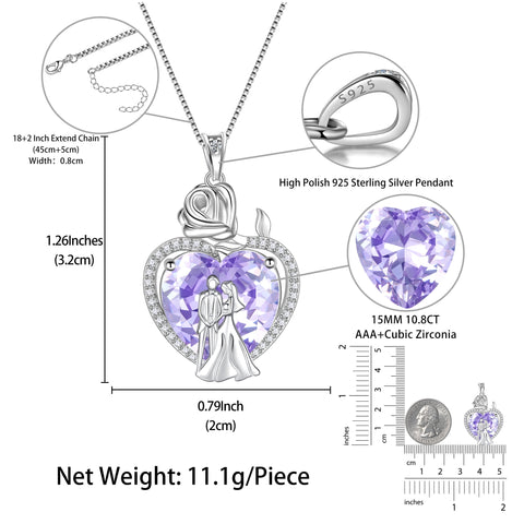 Couple Necklace for Women 925 Sterling Silver 15MM Heart June Birthstone Rose Flower Pendant Promise Engagement Bridal Jewelry Valentines Gift for Wife Girlfriend - Aurora Tears