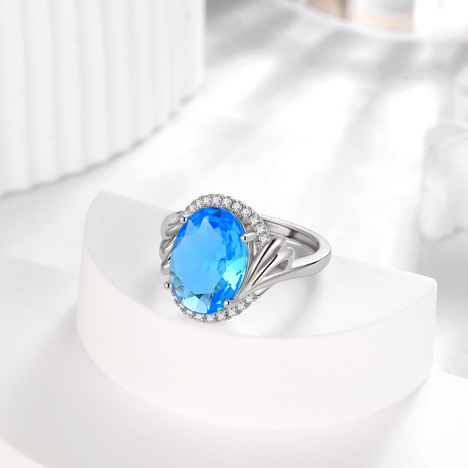 Women 8Ct Blue Aquamarine Ring 925 Sterling Silver Halo Oval March Birthstone Ring Jewelry Mom Birthday Christmas Mother's Day Gift - Aurora Tears