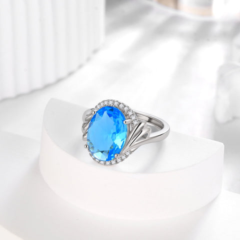 Women 8Ct Blue Aquamarine Ring 925 Sterling Silver Halo Oval March Birthstone Ring Jewelry Mom Birthday Christmas Mother's Day Gift - Aurora Tears