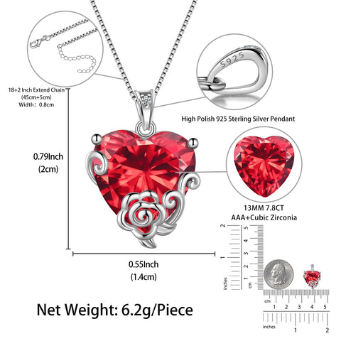Women Heart Necklace July Birthstone Ruby Jewelry 925 Sterling Silver Red CZ Flower Rose Pendant Mother Birthday Valentine's Day Gifts - Aurora Tears