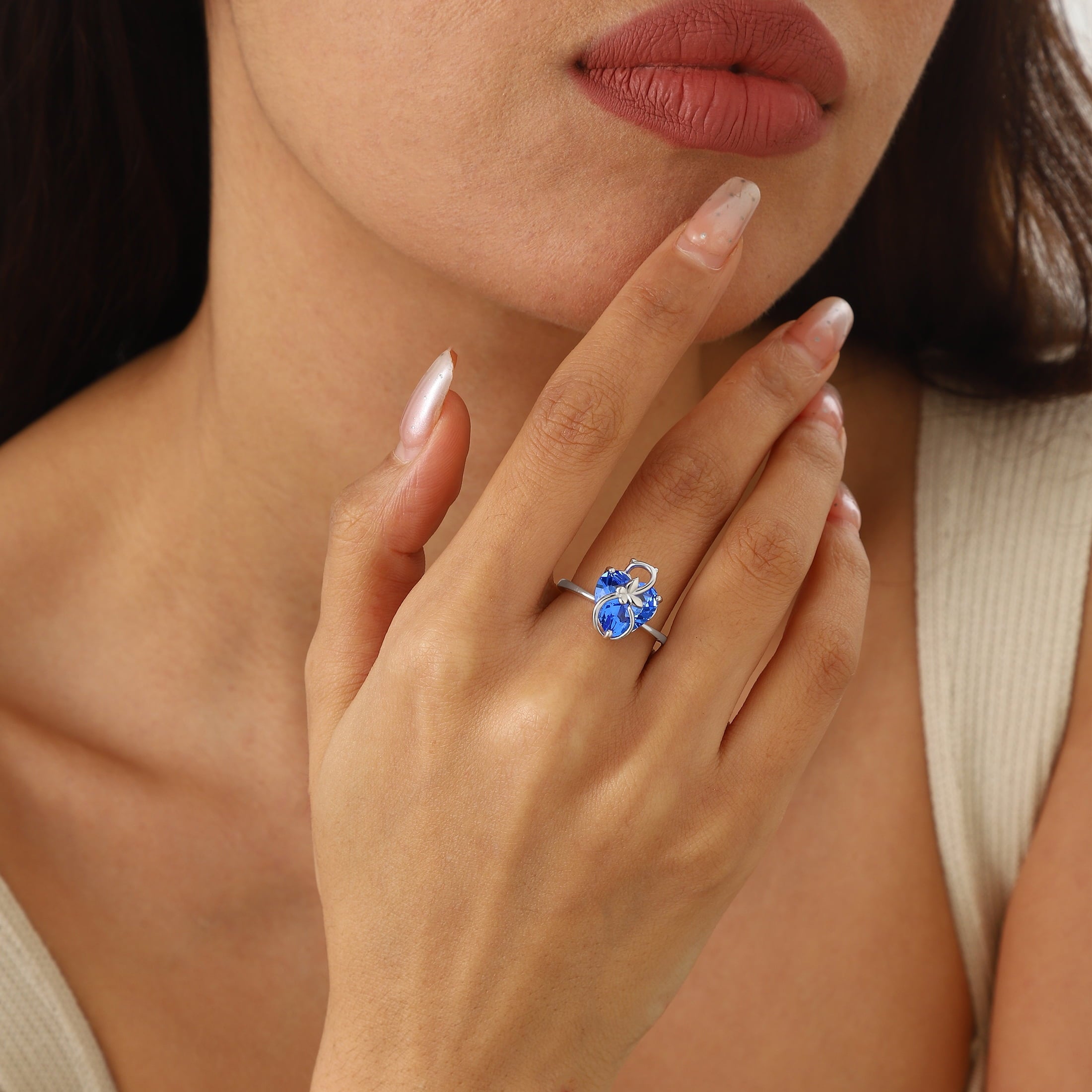 Women Heart Ring 925 Sterling Silver Cat Butterfly December Birthstone Tanzanite Blue Solitaire Ring Jewelry Mom Cat Lover Christmas Birthday Gift - Aurora Tears