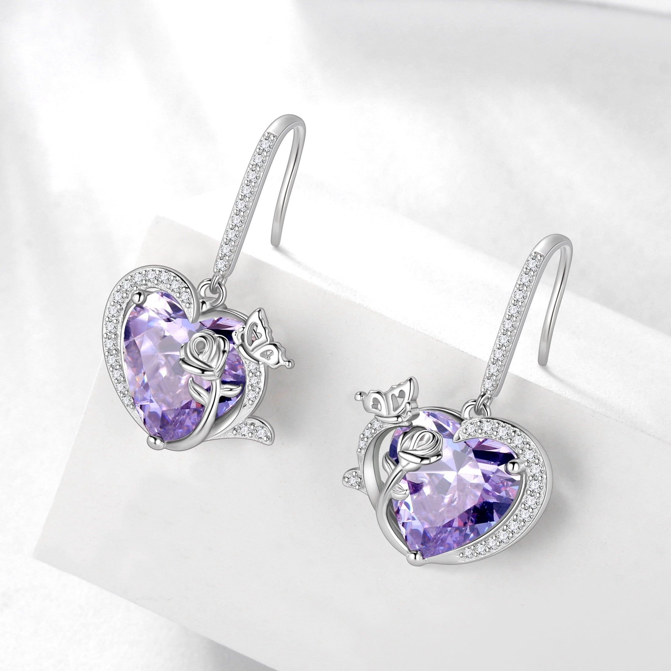 Women June Birthstone Drop Earrings Heart Alexandrite Butterfly Rose Jewelry 925 Sterling Silver Hook Earring Birthday Mother's Day Gift - Aurora Tears