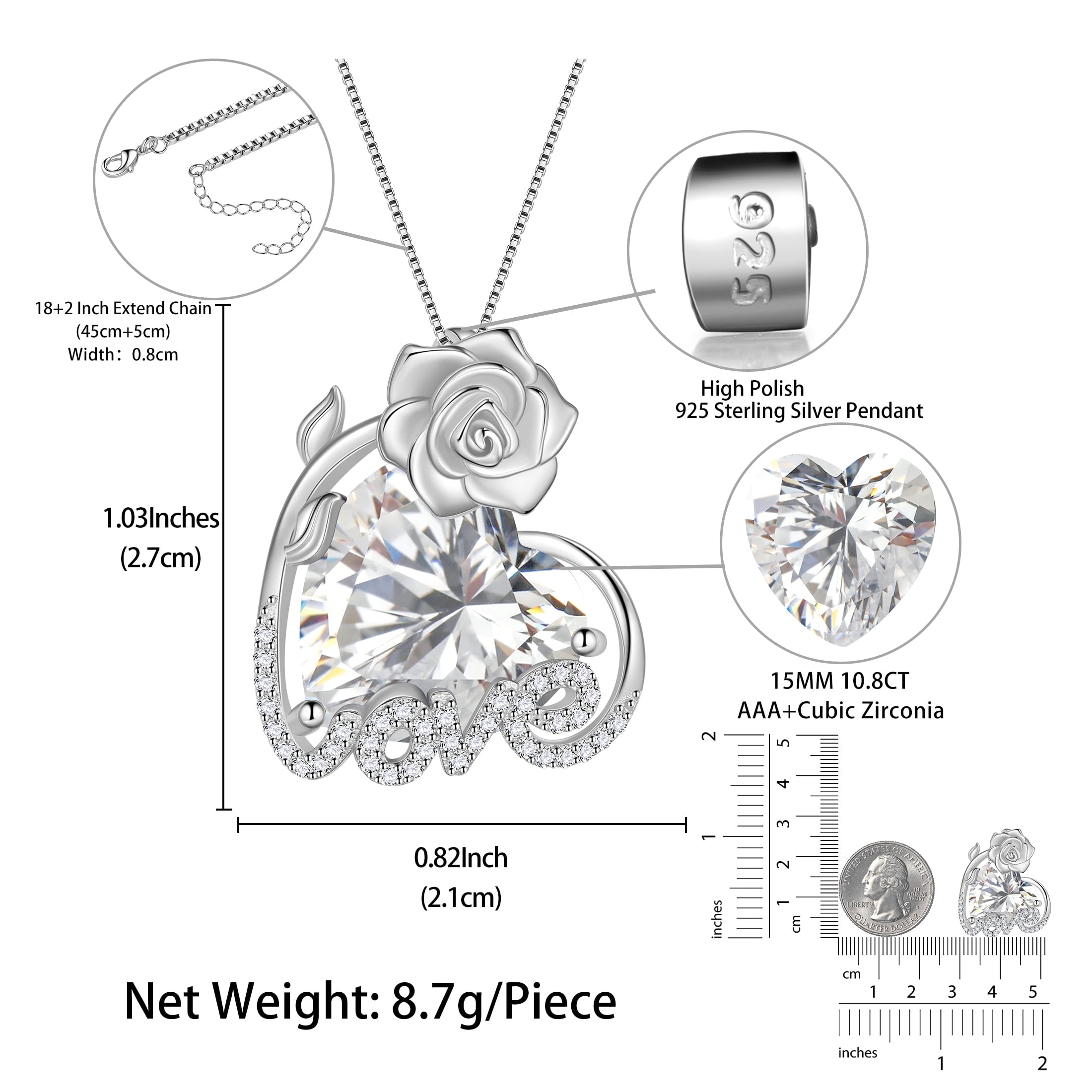 15MM Rose Heart Women Necklace April Birthstone 925 Sterling Silver Flower Love Pendant Diamond CZ Bridal Jewelry Mother Valentine's Day Gift for Wife - Aurora Tears