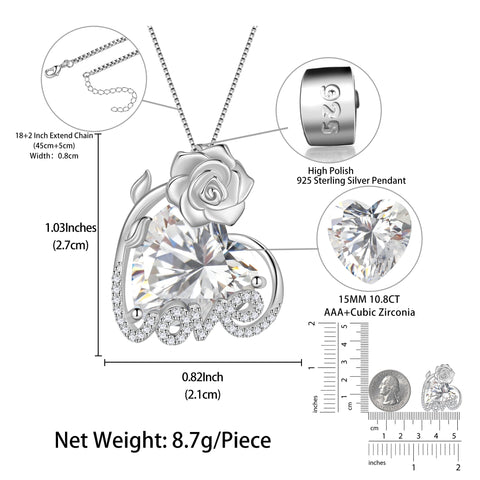 15MM Rose Heart Women Necklace April Birthstone 925 Sterling Silver Flower Love Pendant Diamond CZ Bridal Jewelry Mother Valentine's Day Gift for Wife - Aurora Tears