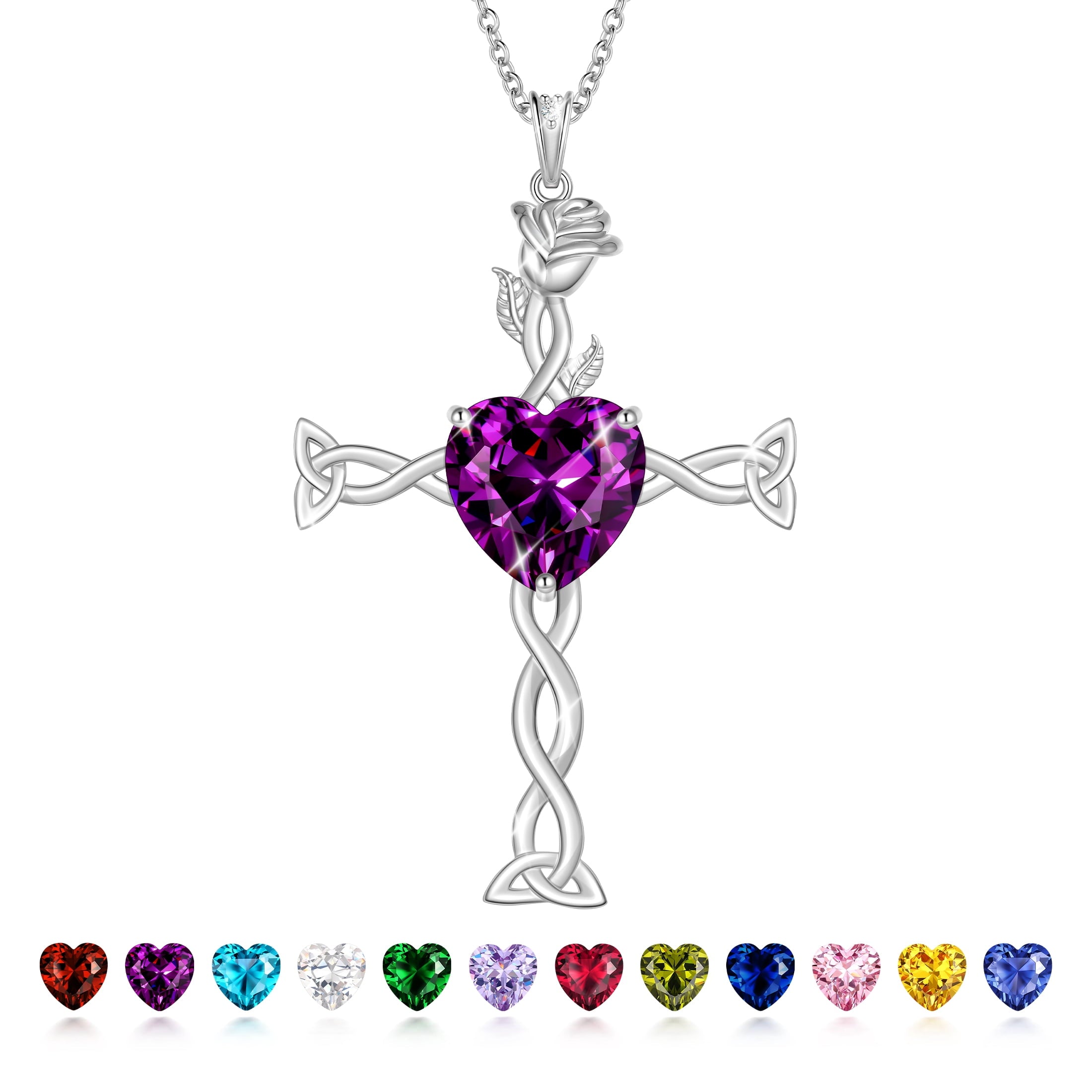 Juwaliy 925 Sterling Silver Plated Celtic Cross Necklace for Women,Birthstone Rose Flower Pendant Irish Jewelry Christmas Valentines Birthday Gift