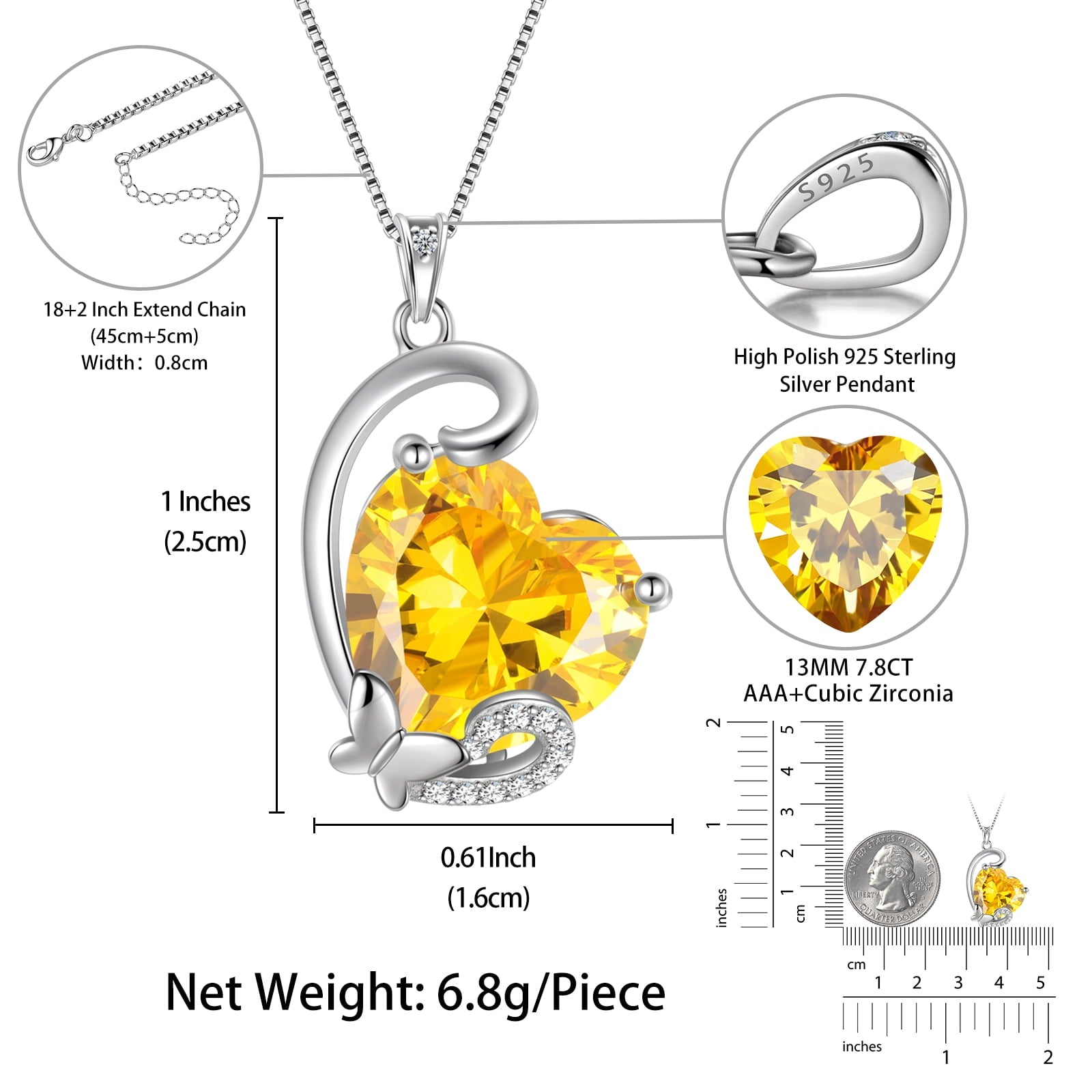 November Birthstone Heart Necklace Butterfly Pendant Citrine Jewelry Yellow CZ 925 Sterling Silver Mother Christmas Birthday Gift for Women - Aurora Tears