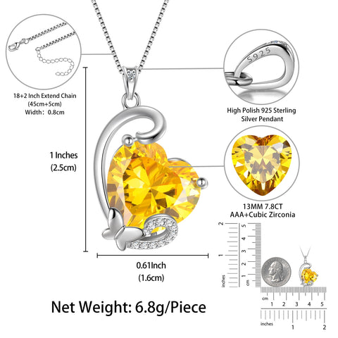 November Birthstone Heart Necklace Butterfly Pendant Citrine Jewelry Yellow CZ 925 Sterling Silver Mother Christmas Birthday Gift for Women - Aurora Tears