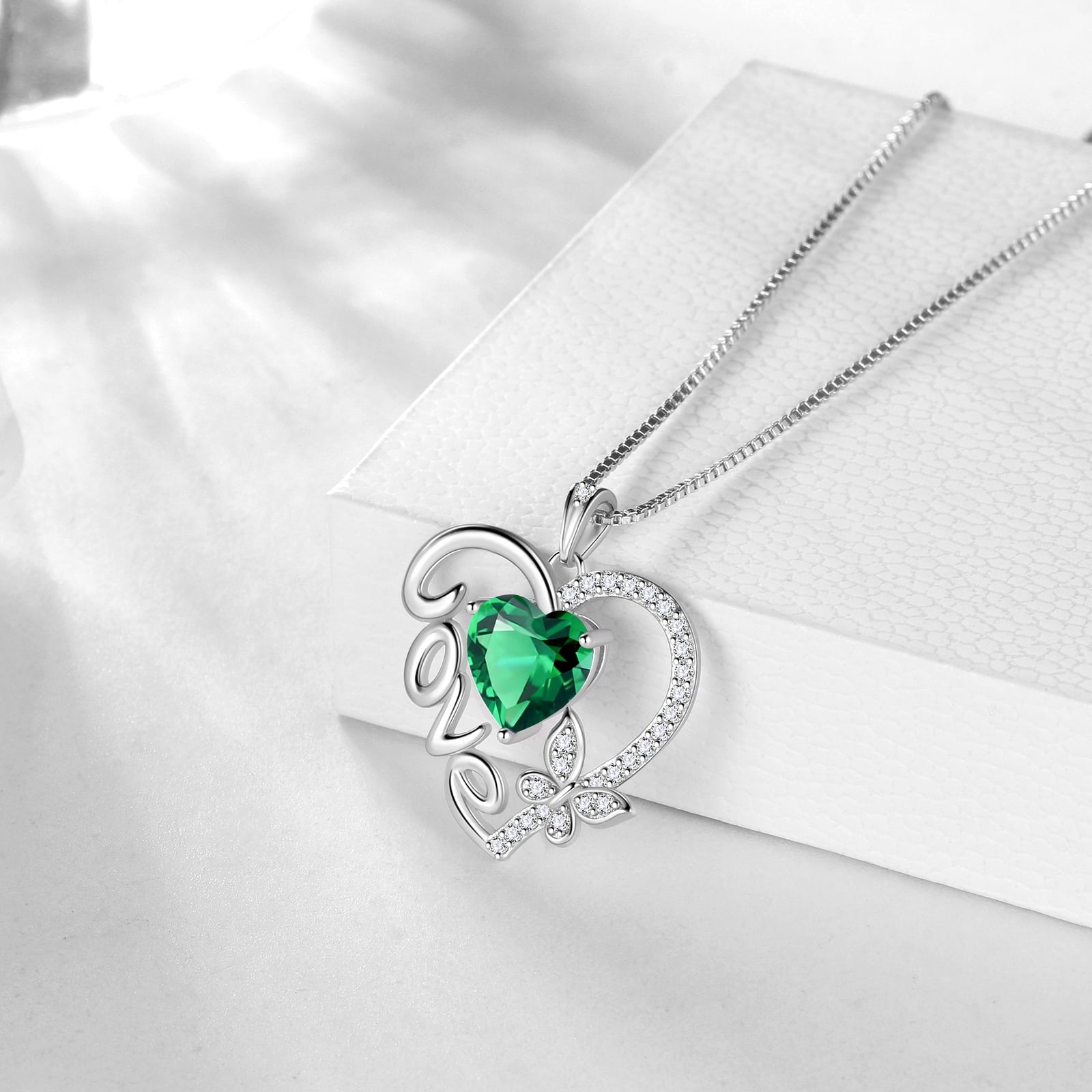 Women Green Love Heart Necklace Butterfly May Birthstone Necklace Emerald 925 Sterling Silver Jewelry Valentine Christmas Birthday Mothers Day Gift Idea - Aurora Tears