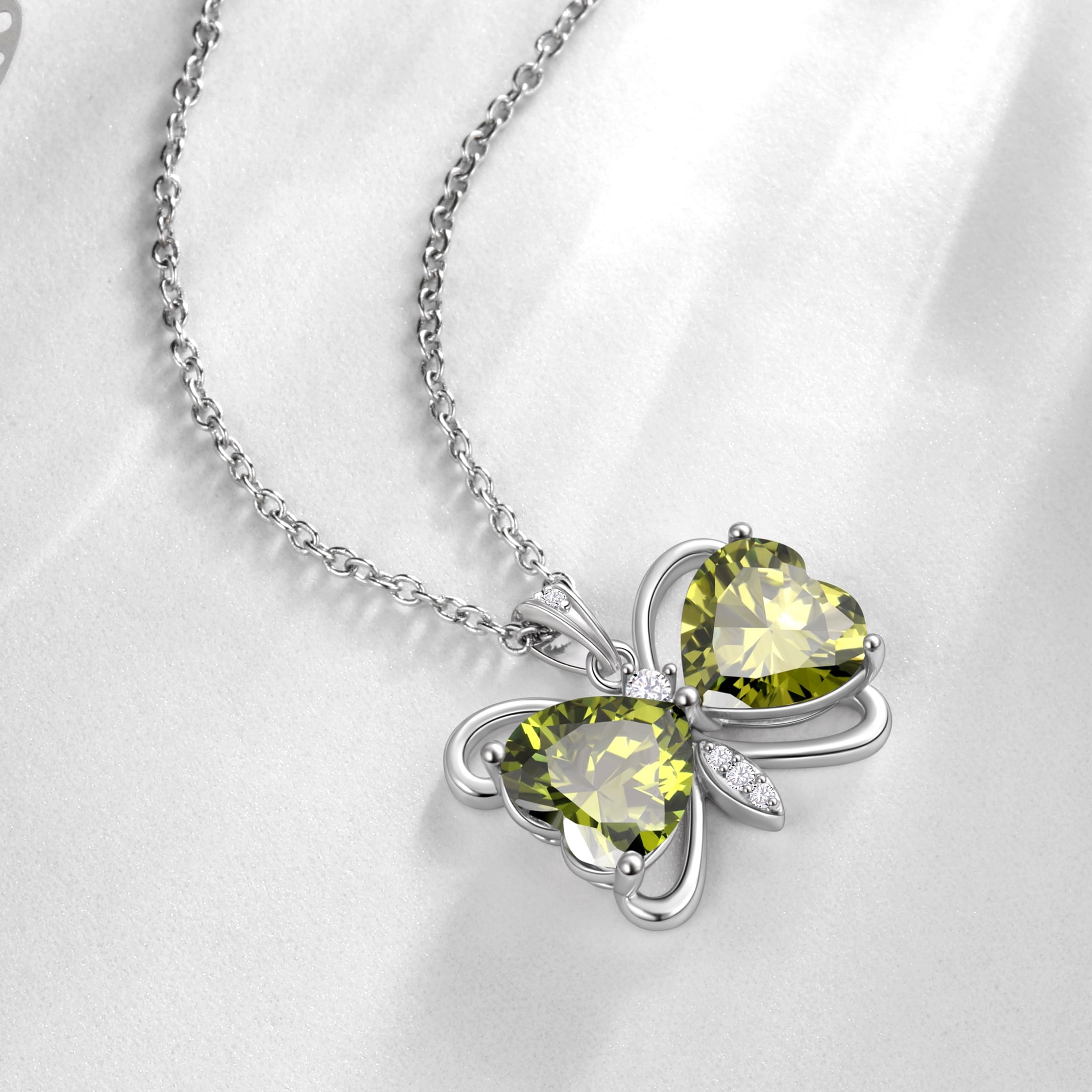 Women Green Butterfly Necklace Heart August Birthstone Necklace Peridot Silver Plated Pendant Jewelry Daughter Wife Birthday Mother's Day Gift - Aurora Tears