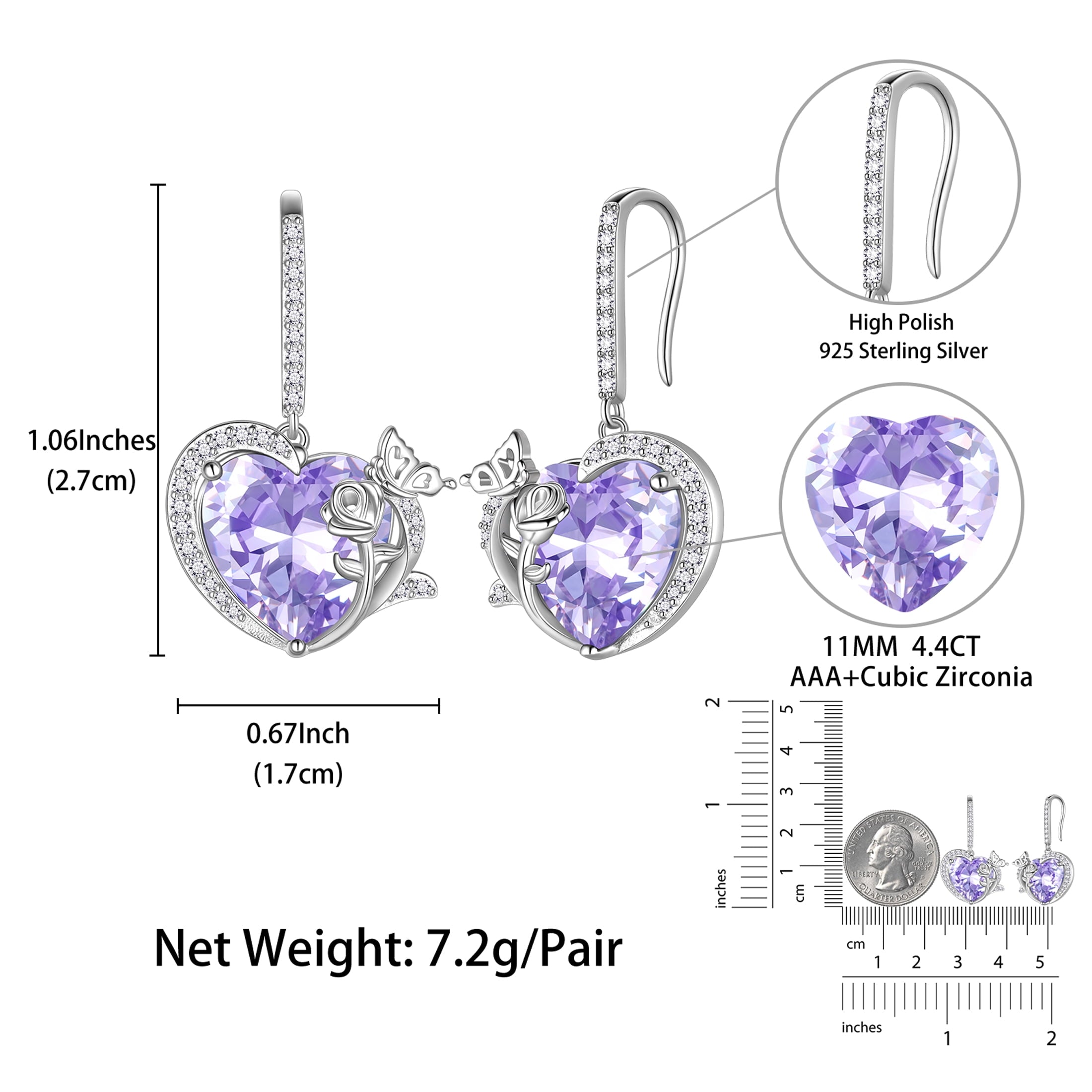 Women June Birthstone Drop Earrings Heart Alexandrite Butterfly Rose Jewelry 925 Sterling Silver Hook Earring Birthday Mother's Day Gift - Aurora Tears