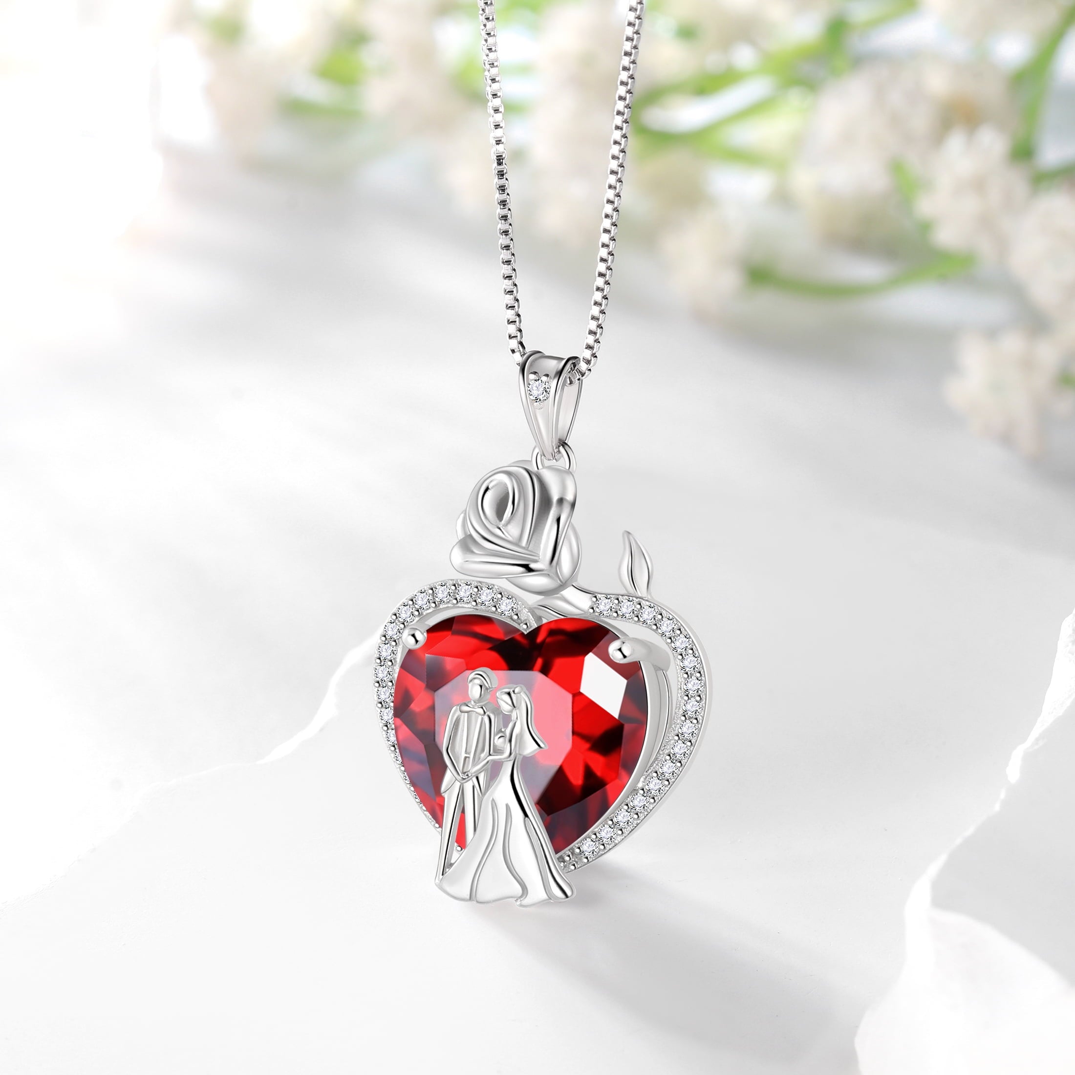 Couple Necklace for Women 925 Sterling Silver 15MM Heart January Birthstone Rose Flower Pendant Promise Engagement Jewelry Valentine's Day Gift for Her Wife Bride - Aurora Tears