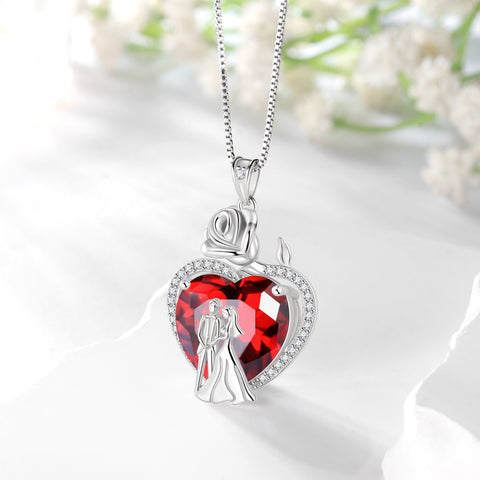 Couple Necklace for Women 925 Sterling Silver 15MM Heart January Birthstone Rose Flower Pendant Promise Engagement Jewelry Valentine's Day Gift for Her Wife Bride - Aurora Tears