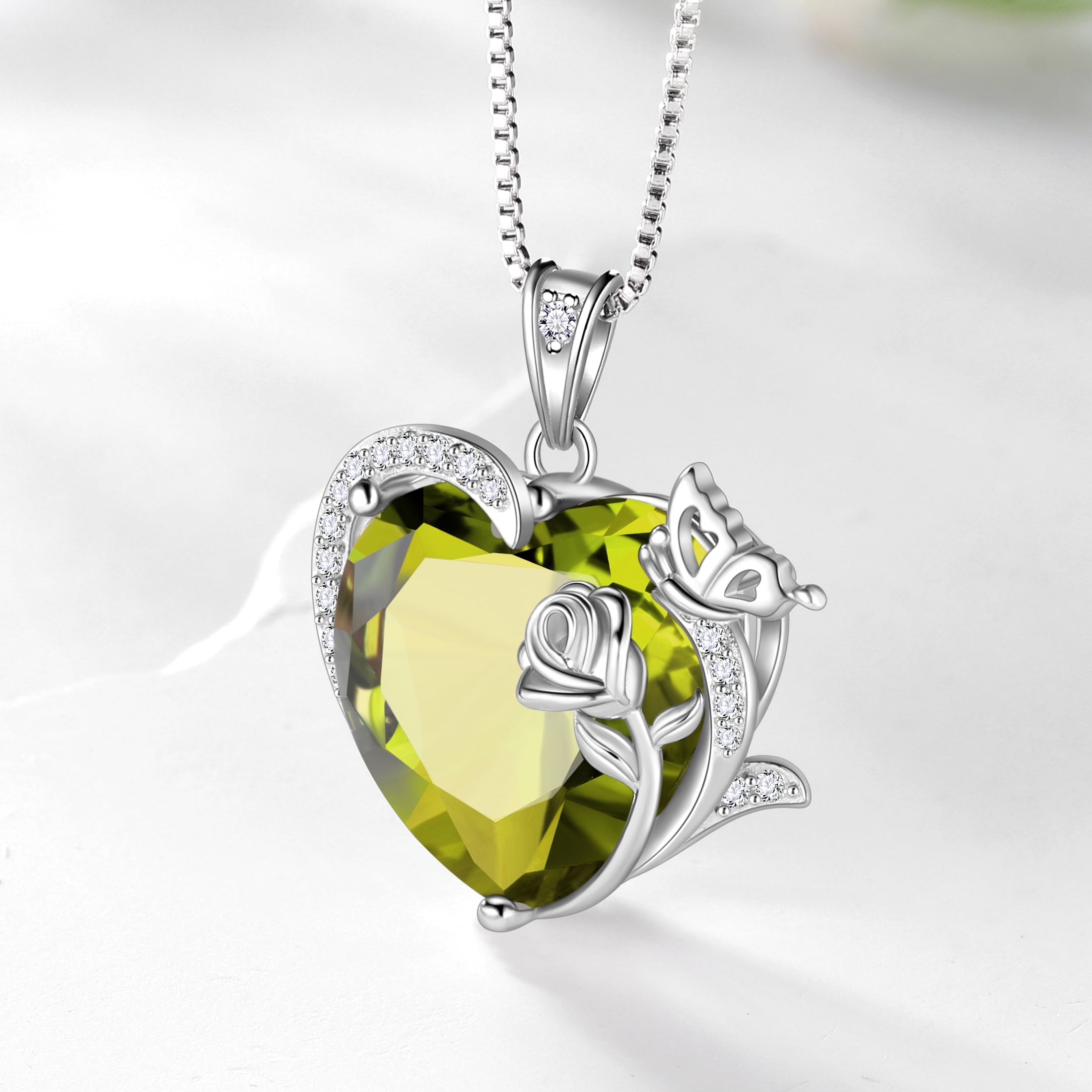 Women Heart Necklace Butterfly Rose Flower Pendant August Birthstone Peridot Jewelry 925 Sterling Silver Wife Mother Birthday Anniversary Gift - Aurora Tears