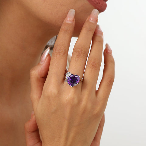 9Ct Women Heart Ring 925 Sterling Silver Rose Flower February Birthstone Amethyst Purple Solitaire Ring Jewelry Girlfriend Valentine's Day Gift - Aurora Tears