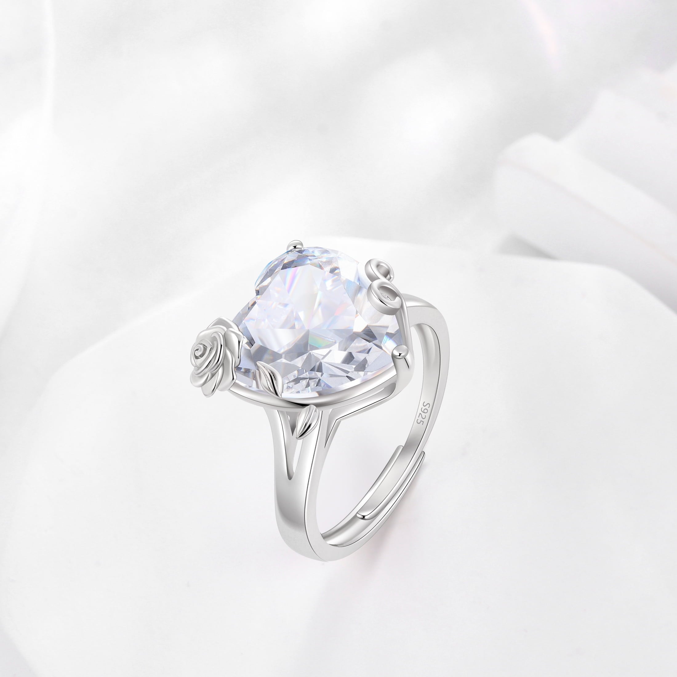 9Ct Women Heart Ring 925 Sterling Silver Rose Flower April Birthstone Diamond Crystal Solitaire Ring Bridal Jewelry Birthday Gift - Aurora Tears