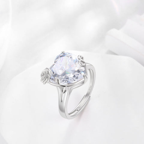 9Ct Women Heart Ring 925 Sterling Silver Rose Flower April Birthstone Diamond Crystal Solitaire Ring Bridal Jewelry Birthday Gift - Aurora Tears
