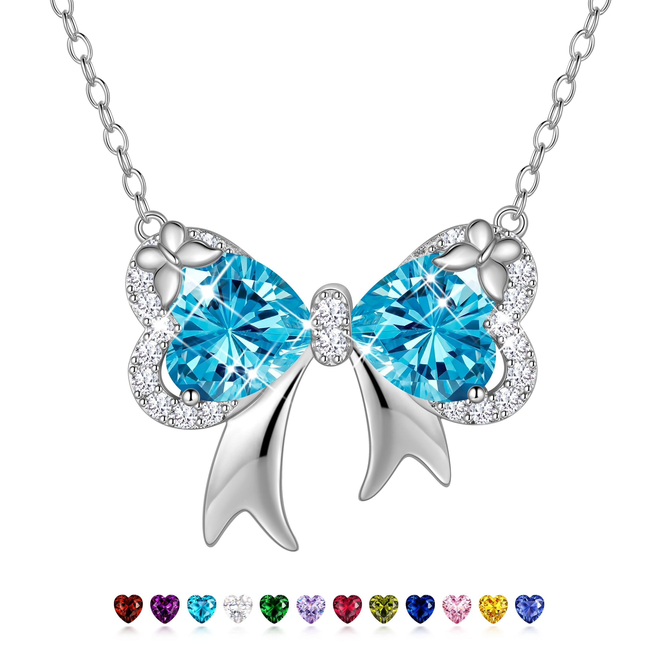 Juwaliy Silver Plated Buttefly Necklace for Women, March Birthstone Aquamarine Blue Bow Tie Pendant Jewelry Christmas Birthday Valentines Gift for Mother/Wife/Daughter