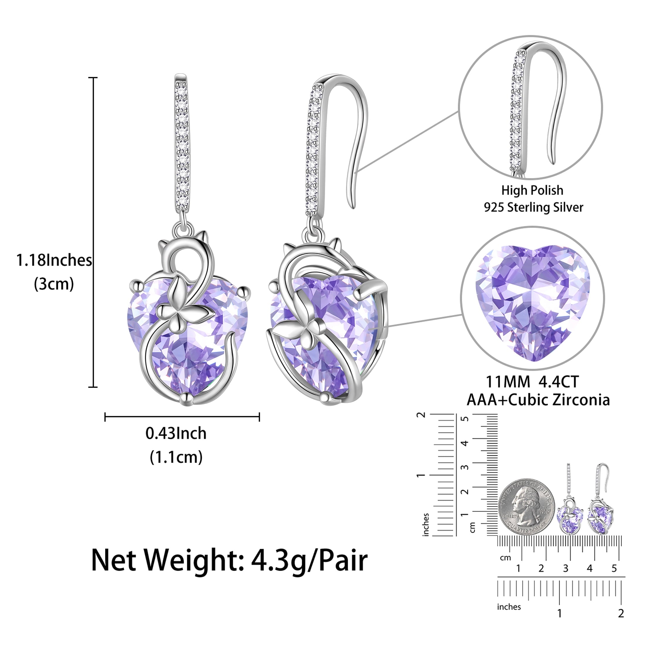 Cat Butterfly Earrings for Women 925 Sterling Silver Earrings Dangle Drop Hook Heart Alexandrite June Birthstone Jewelry Birthday Mother Christmas Birthday Valentines Day Gifts for Mom - Aurora Tears