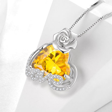 15MM Rose Heart Women Necklace November Birthstone 925 Sterling Silver Love Flower Pendant Yellow Citrine Jewelry Mom Christmas Birthday Valentines Gift - Aurora Tears