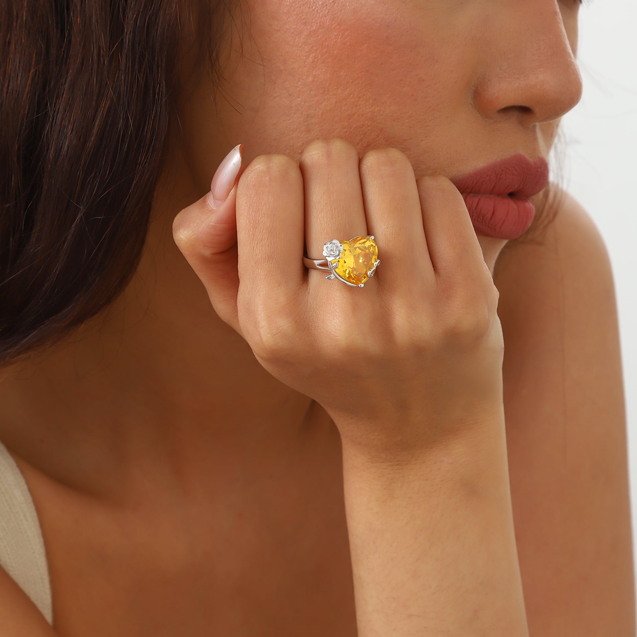 9Ct Women Heart Ring 925 Sterling Silver Rose Flower November Birthstone Citrine Solitaire Ring Jewelry Christmas Thanksgiving Gift for Mother - Aurora Tears