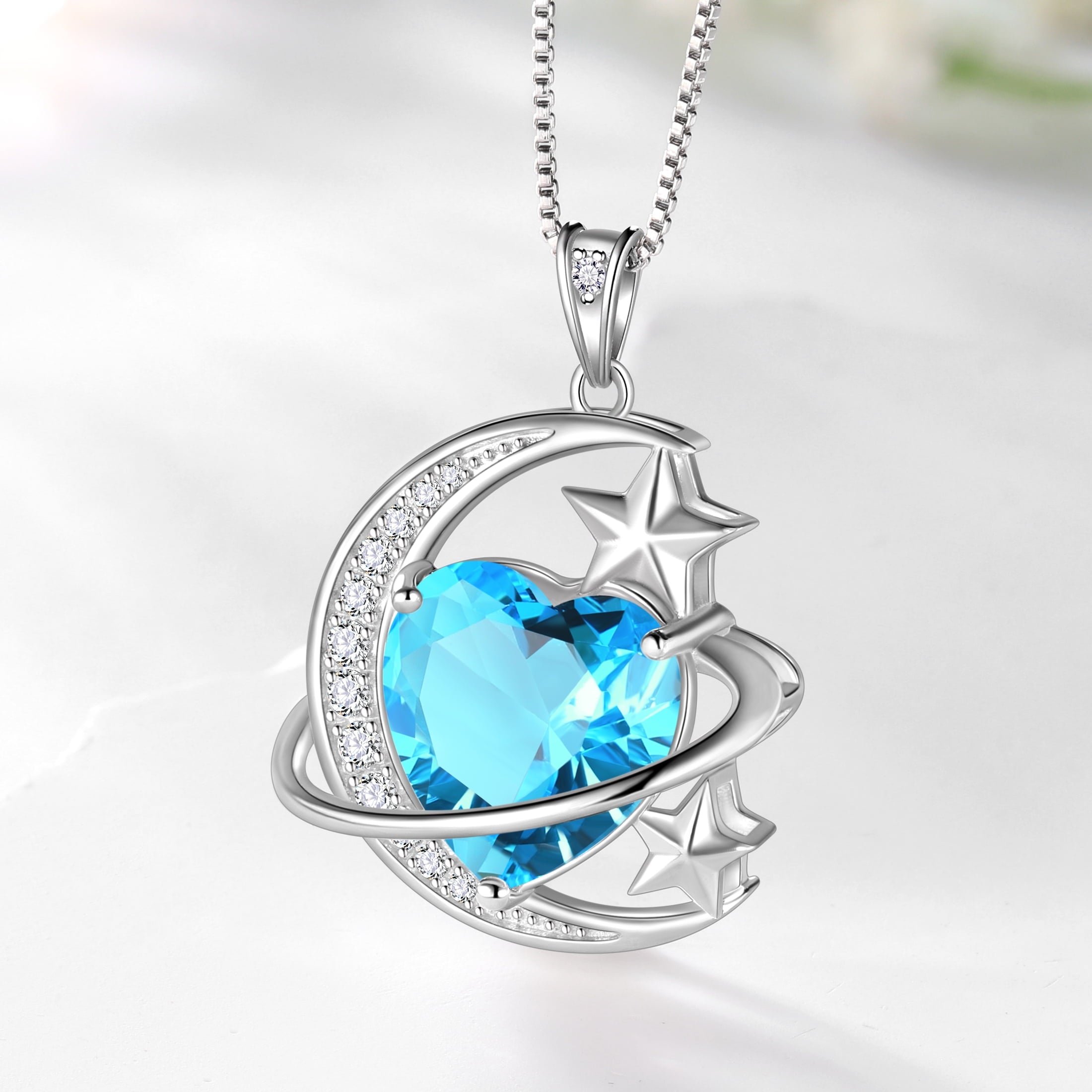 13MM Women Moon Star Necklace Heart March Birthstone 925 Sterling Silver Pendant Blue Aquamarine Planet Celestial Jewelry Birthday Christmas Valentines Gift for Wife/Mother - Aurora Tears