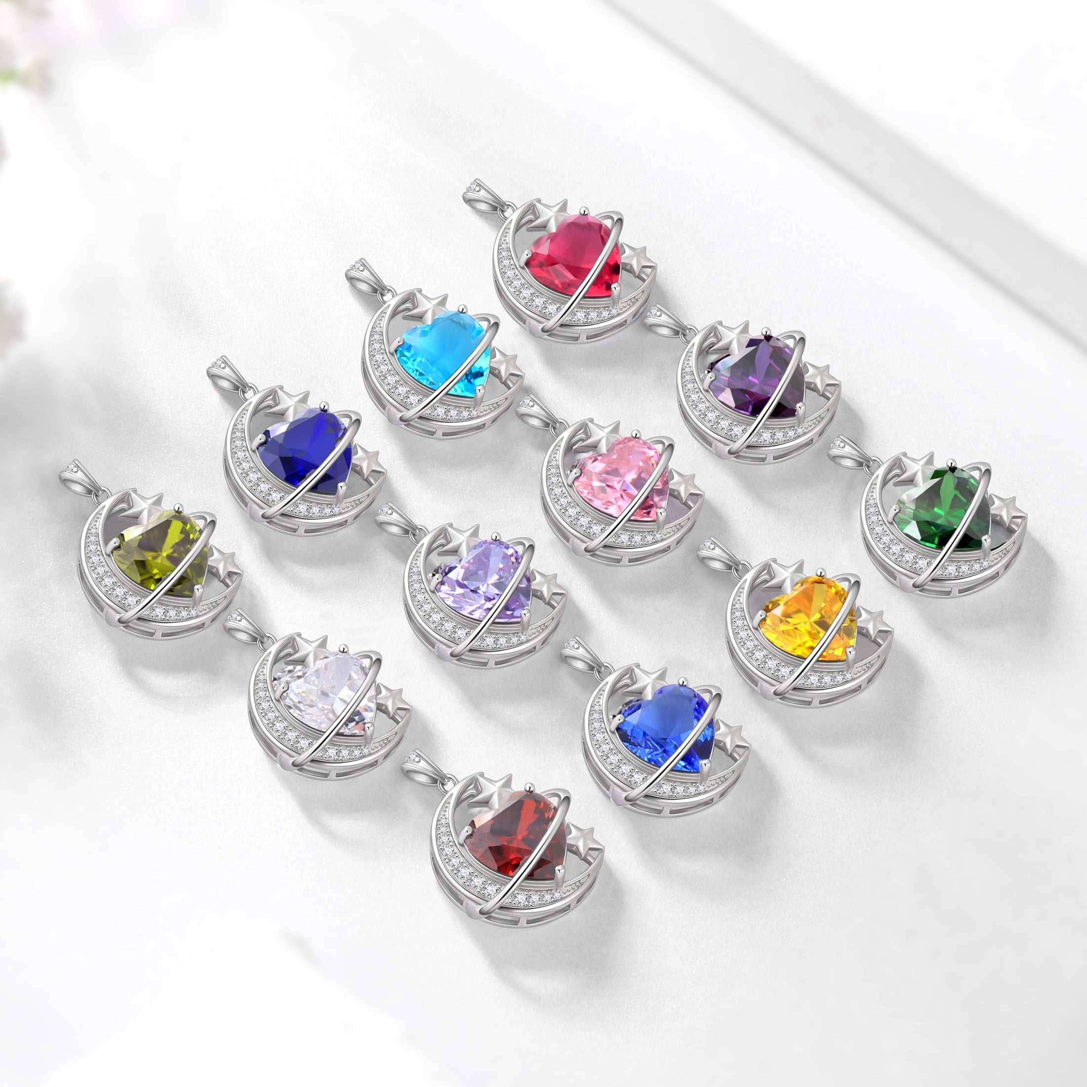 13MM Women Moon and Star Necklace Heart February Birthstone 925 Sterling Silver Pendant Purple Amethyst Celestial Jewelry Birthday Valentine's Day Gift for Wife/Mother/Her - Aurora Tears