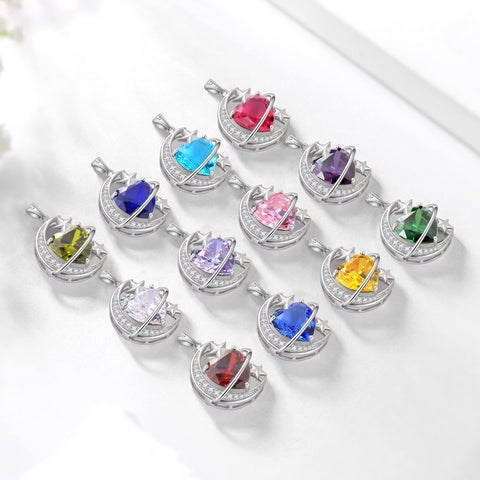 13MM Women Moon Star Necklace Heart May Birthstone 925 Sterling Silver Pendant Green Emerald Planet Celestial Jewelry Christmas Valentine Birthday Mother's Day Gift for Mom - Aurora Tears