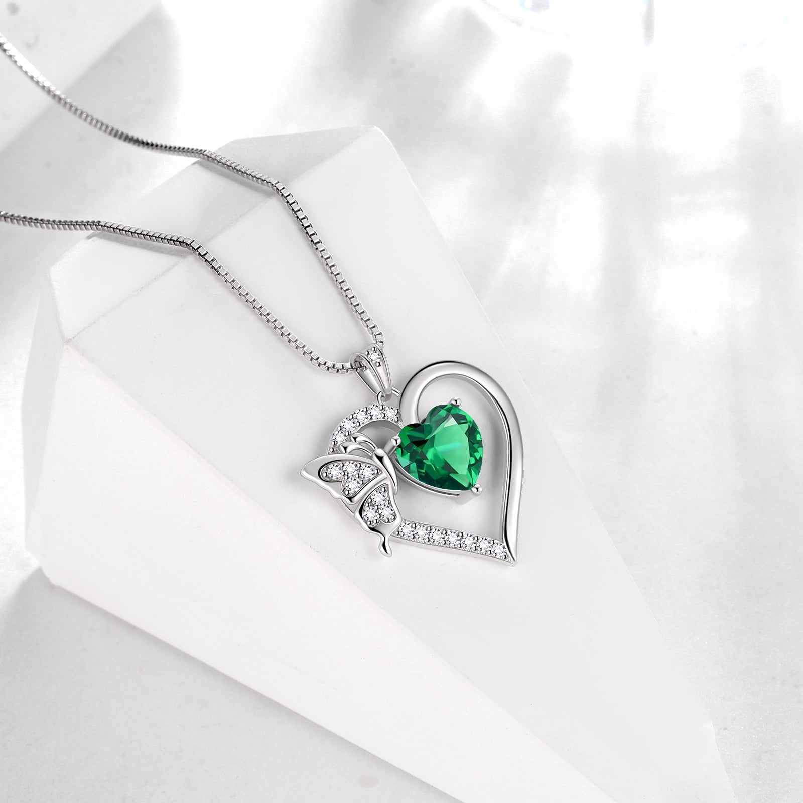 Women Green Heart Necklace Butterfly May Birthstone Necklace Emerald 925 Sterling Silver Pendant Jewelry Christmas Birthday Mother's Day Gifts - Aurora Tears
