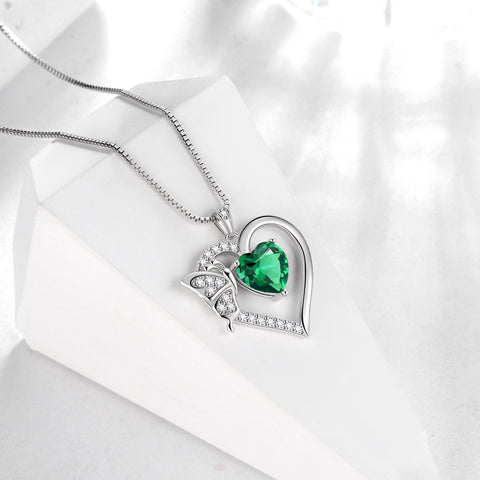 Women Green Heart Necklace Butterfly May Birthstone Necklace Emerald 925 Sterling Silver Pendant Jewelry Christmas Birthday Mother's Day Gifts - Aurora Tears
