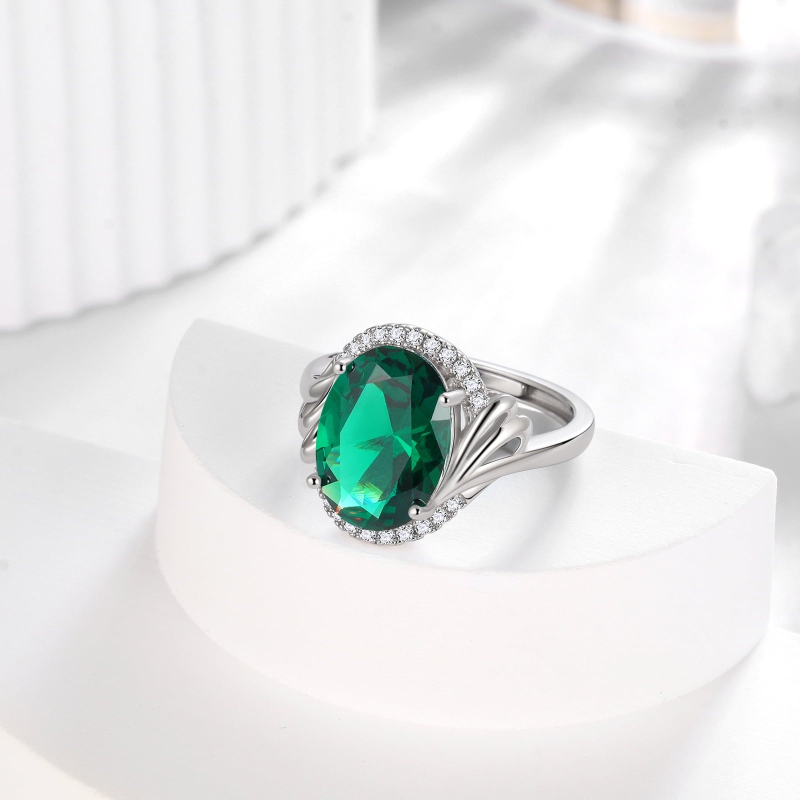 8Ct Women Emerald Ring 925 Sterling Silver Oval Halo Green May Birthstone Ring Band Jewelry Birthday Christmas Mom Grandma Mother's Day Gifts - Aurora Tears