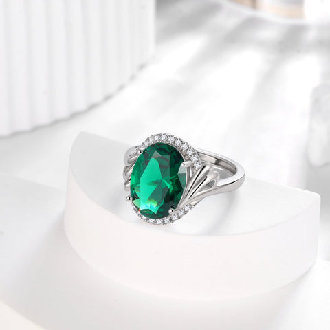 8Ct Women Emerald Ring 925 Sterling Silver Oval Halo Green May Birthstone Ring Band Jewelry Birthday Christmas Mom Grandma Mother's Day Gifts - Aurora Tears