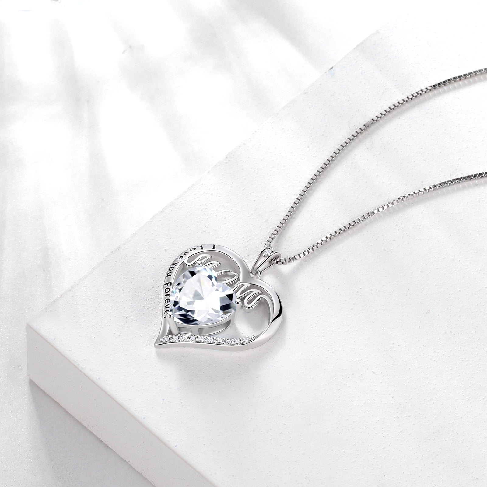 Women Mom Necklace Heart April Birthstone Necklace Diamond White CZ 925 Sterling Silver Pendant Jewelry Christmas Birthday Mother's Day Gifts - Aurora Tears