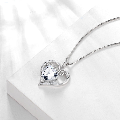Women Mom Necklace Heart April Birthstone Necklace Diamond White CZ 925 Sterling Silver Pendant Jewelry Christmas Birthday Mother's Day Gifts - Aurora Tears
