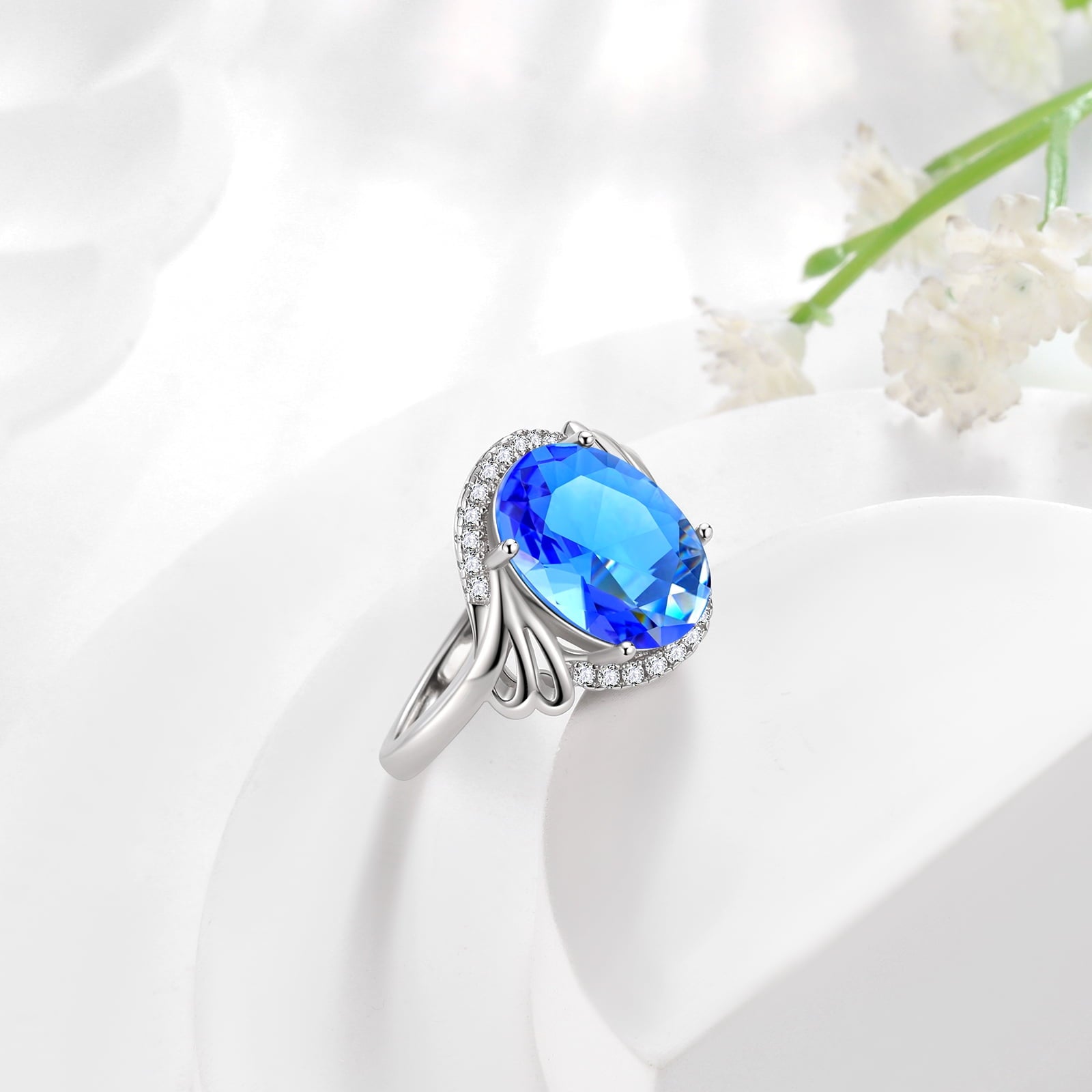 8Ct Oval Women Ring 925 Sterling Silver Halo Blue Tanzanite Ring December Birthstone Jewelry Mother Grandma Christmas Birthday Gift for Her - Aurora Tears