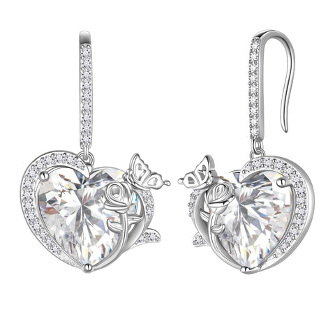 Boucles d'oreilles pendantes Juwaliy pour femmes, pierre de naissance, cœur, papillon, fleur, bijoux, crochet, argent sterling 925, cadeau de Saint-Valentin