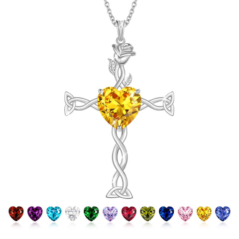 Juwaliy 925 Sterling Silver Plated Celtic Cross Necklace for Women,Birthstone Rose Flower Pendant Irish Jewelry Christmas Valentines Birthday Gift
