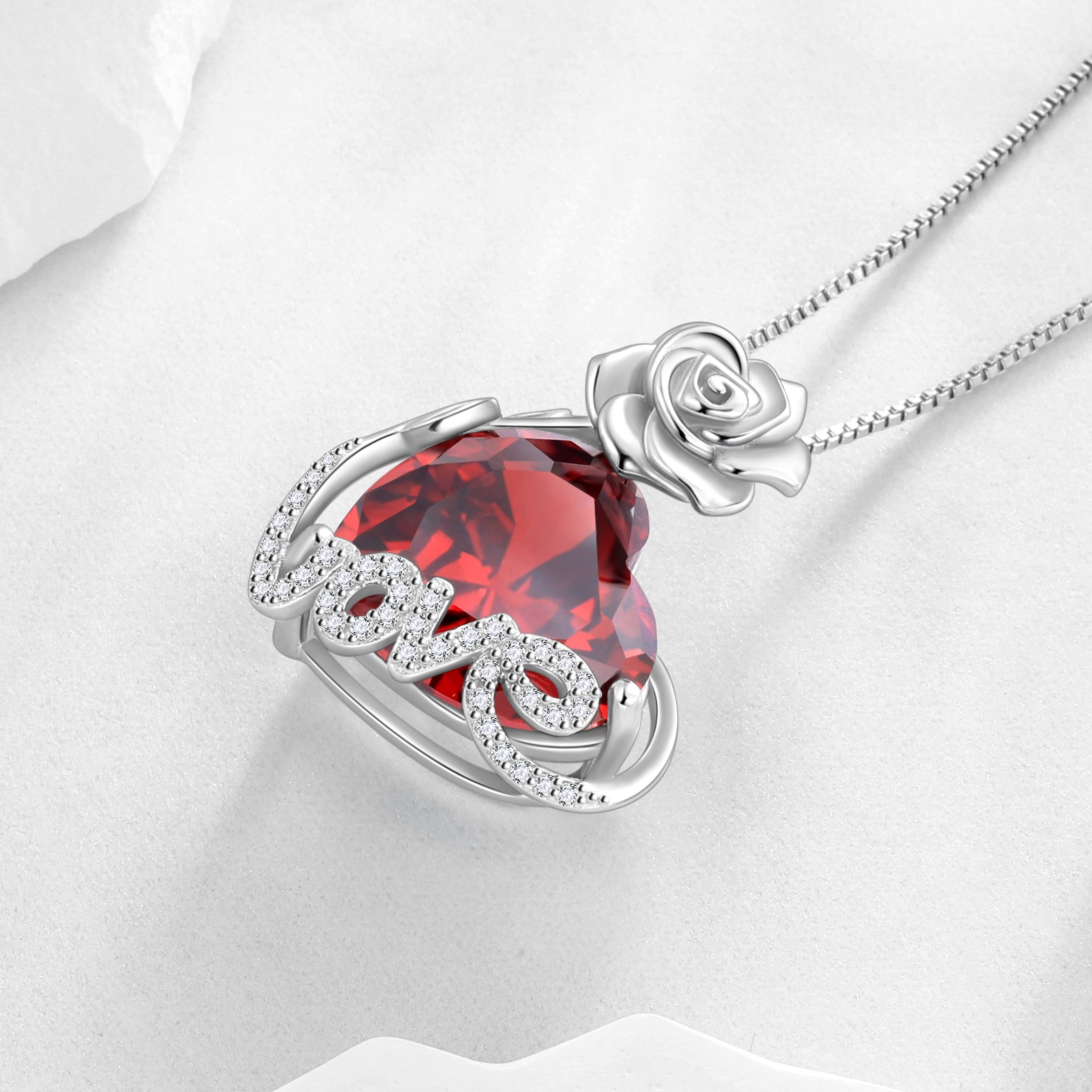 15MM Rose Heart Women Necklace January Birthstone 925 Sterling Silver Love Flower Pendant Garnet Jewelry Valentine's Day Gift for Wife Mother Girlfriend - Aurora Tears
