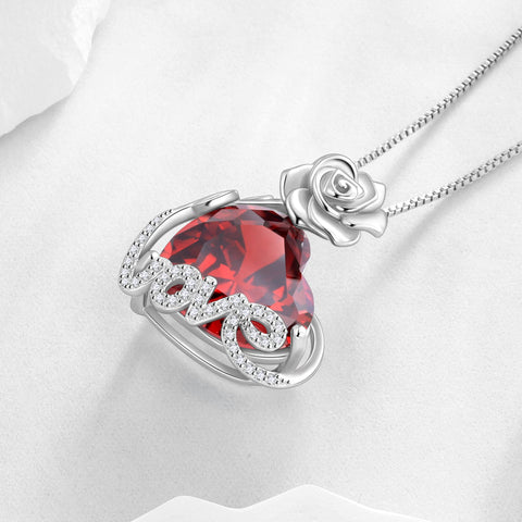 15MM Rose Heart Women Necklace January Birthstone 925 Sterling Silver Love Flower Pendant Garnet Jewelry Valentine's Day Gift for Wife Mother Girlfriend - Aurora Tears